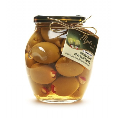 Оливки Mylos plus зеленые с миндалем и красным перцем S.Mammoth 0.395л стекло