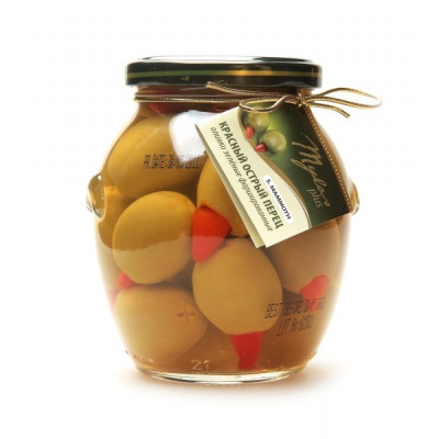 Оливки Mylos plus зеленые с перцем Пири-Пири красный острый S.Mammoth 0.395л стекло