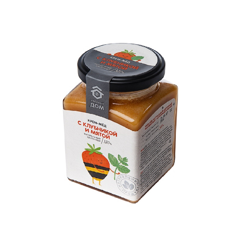 Крем-мёд МЕДОВЫЙ ДОМ натур. цветочный клубника+мята 320г стекло
