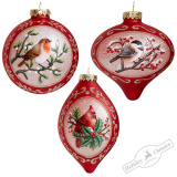 Украшение Шар/Капля "Лесные птицы" красные винтаж асс. из 3-х (стекло) 10/10х14,5см GLT886