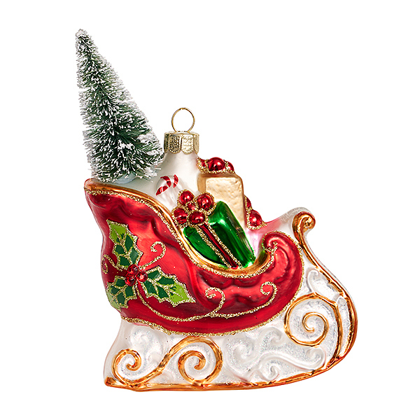 Украшение Сани рождественские с елочкой (стекло) 9х3х12 см GLT1069