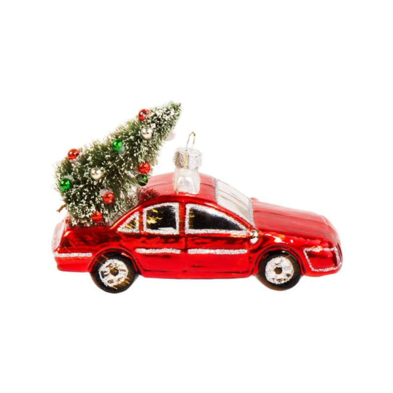 Украшение Автомобиль красный с рождественской елочкой (стекло) 13х8 см GLT137