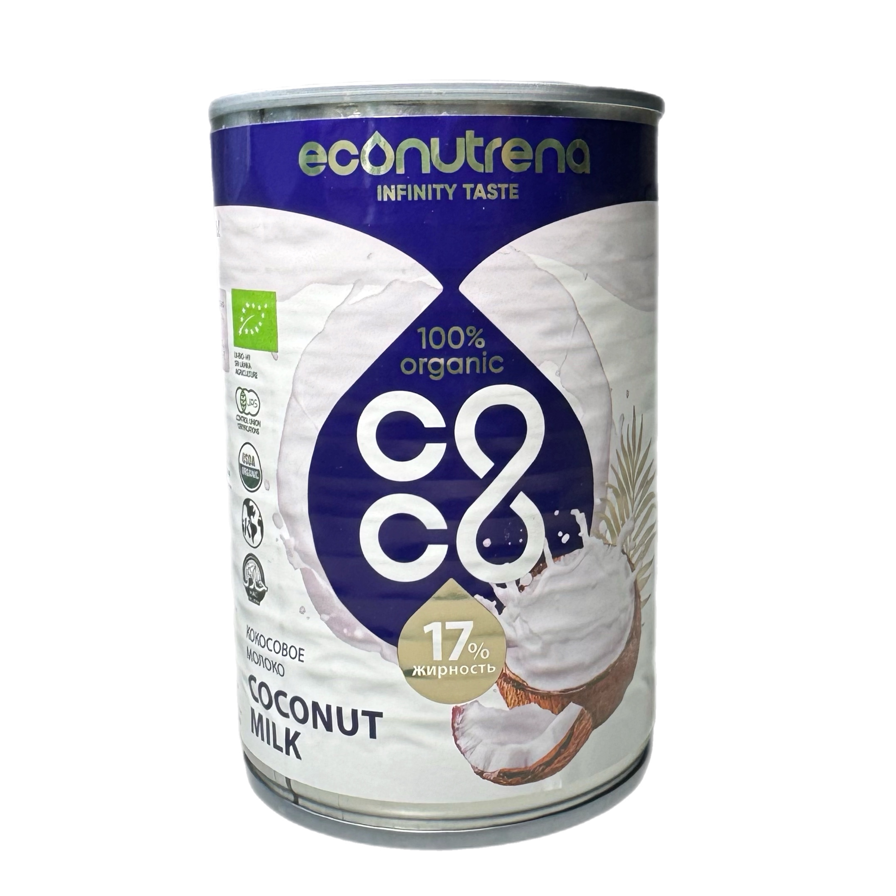 Молоко кокосовое органическое 17% 400мл.ж/б Econutrena