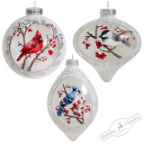 Украшение Шар/Капля "Птицы на снегу" прозр/белые асс. из 3-х (стекло) 10/10х14,5см GLT885
