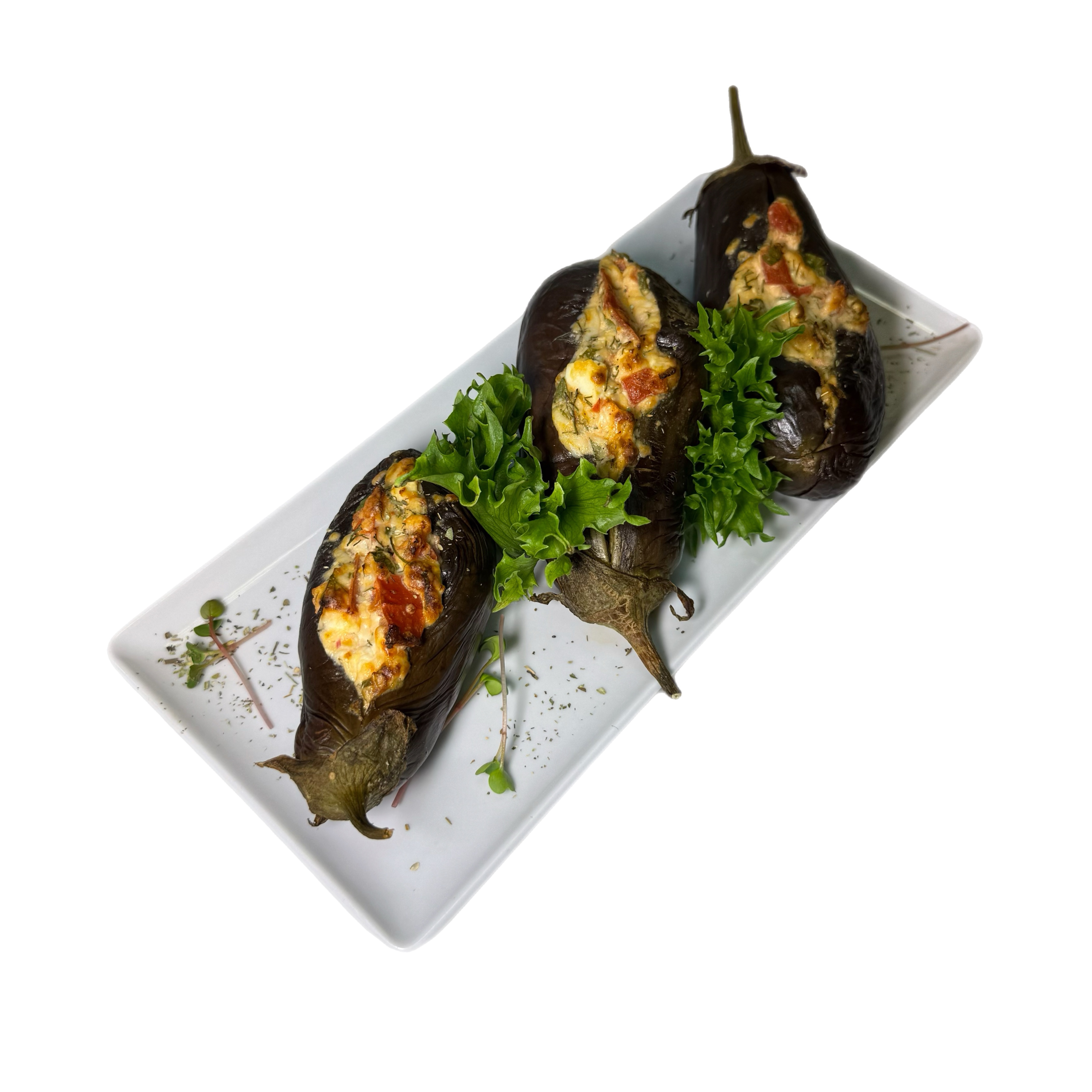 Битые баклажаны фаршированые сыром и томатами