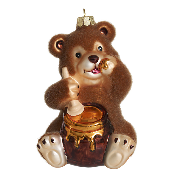 Украшение Медвежонок пушистый с бочонком меда (стекло) 7х6,5х10 см GLT1171