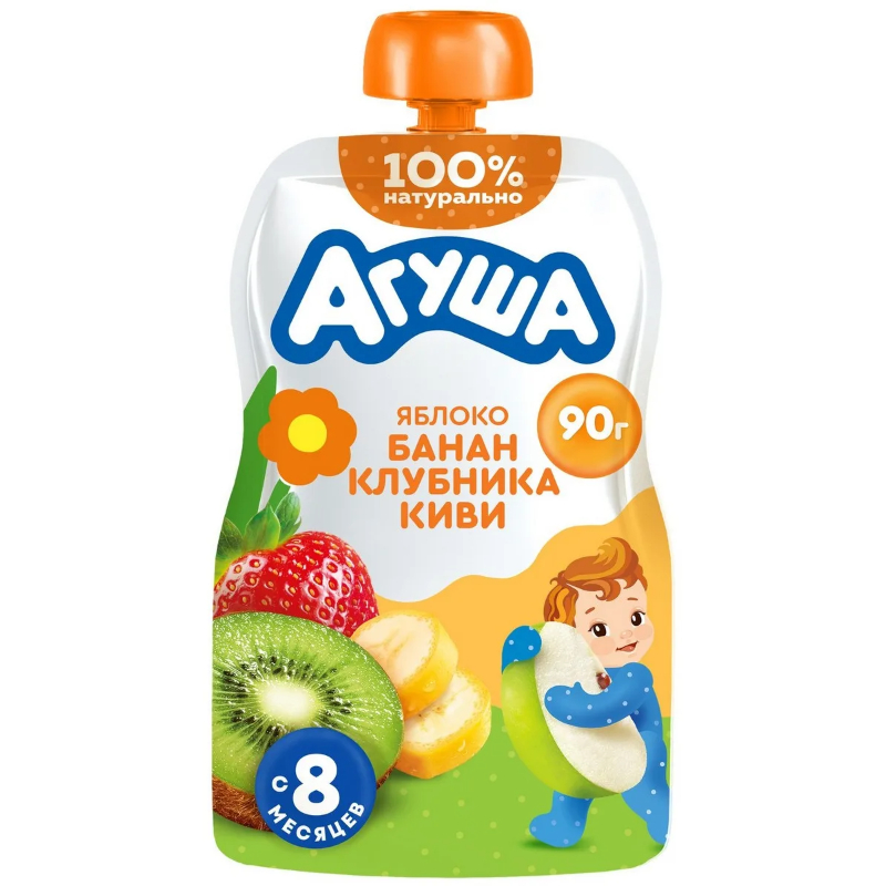 Пюре Агуша яблоко/банан/клубника/киви с 8-ми мес.90г пауч-пак ДП